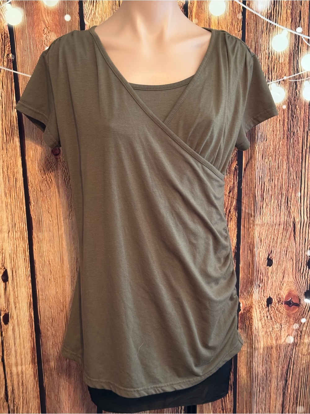 Olive Wrap-Front Short Sleeve Women's Top